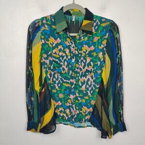 Anthropologie Blank London Patchwork‎ Top Womens Small Blue Satin Animal Stripe